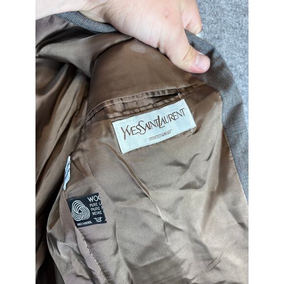 VINTAGE 70s Yves Saint Laurent Blazer Mens 38R Brown Plaid Wool Designer Preppy - Picture 8 of 10